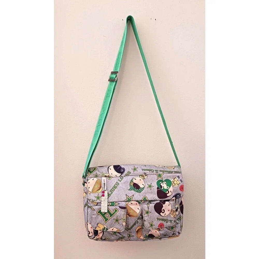 Harajuku Lovers Nylon Messenger Bag Gray / Green AOP Bag Charm 11X4X8